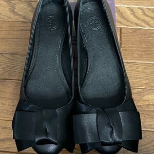 Black Leather Bow Ballet Flats - Women's Comfortable Slip-On Shoes